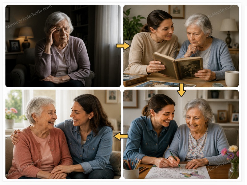 The four-panel story shows how choosing from the 101 things to do with dementia patients can move from confusion and isolation toward caregiver support, meaningful activity, and a happier connection.