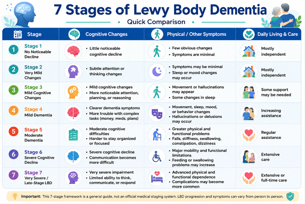 7 stages of Lewy body dementia showing symptoms, progression and changing care needs