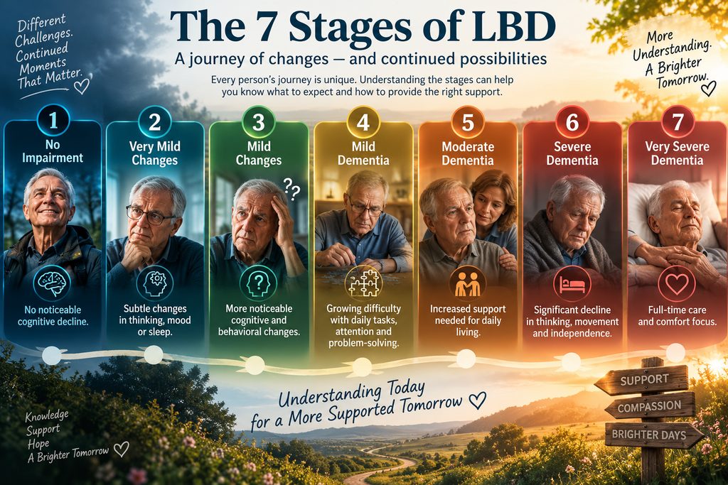 The 7 stages of LBD provide a practical framework for understanding how symptoms and care needs may change over time.