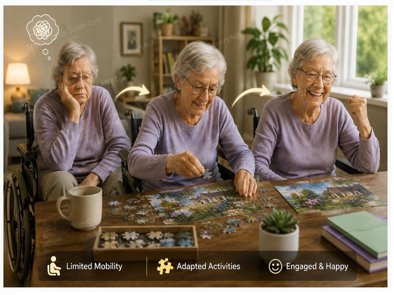 Activities for elderly with limited mobility showing an older woman using an adapted puzzle activity and becoming more engaged and happy.
