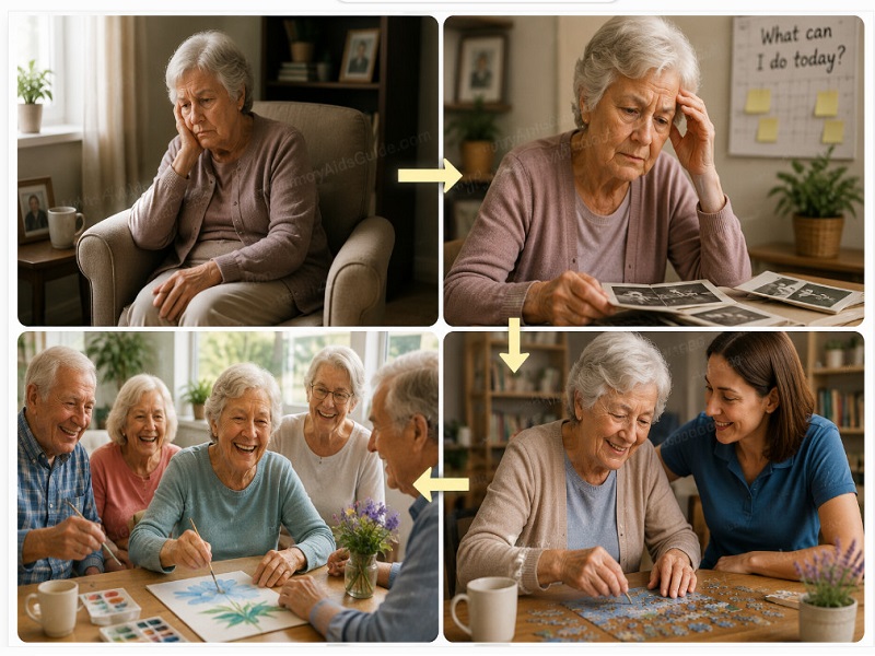 Activities for elderly shown as a visual journey from isolation and uncertainty to supportive care, social connection, and enjoyable participation.