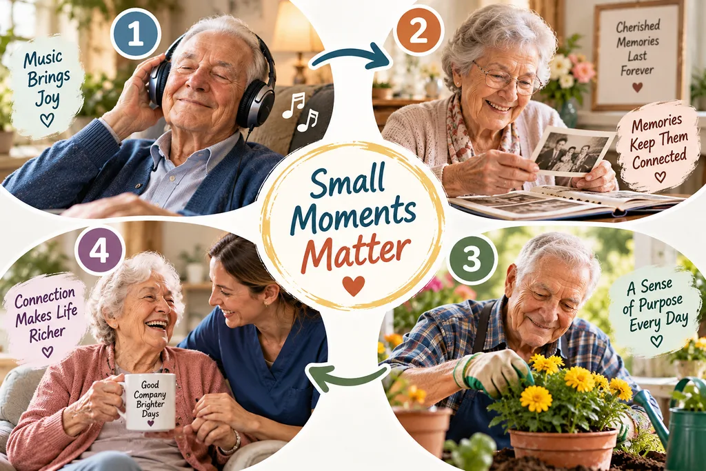 An infographic showing how activities for memory care can support meaningful moments through music, memories, purpose, and connection.