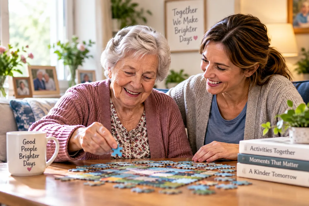 A senior woman and her caregiver enjoy doing a simple puzzle together in a warm, comfortable home. The image illustrates how activities for seniors with dementia can create meaningful opportunities for connection, engagement, and enjoyable everyday moments.