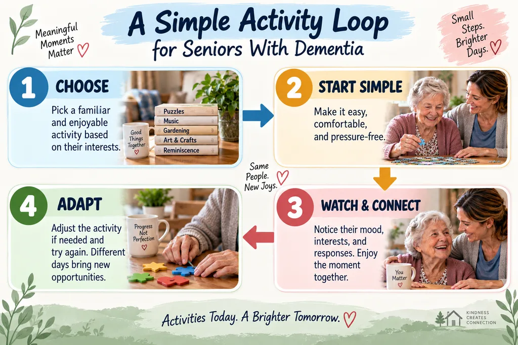 An infographic showing a simple four-step activity loop for activities for seniors with dementia: choose a familiar activity, start simple, watch and connect, then adapt the activity as needed.