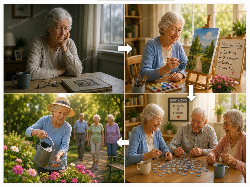 A four-panel visual story showing an older adult moving from boredom and isolation to creative activity, outdoor engagement, social connection, and a more joyful sense of purpose.
