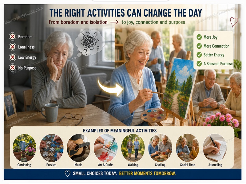 Older adults moving from boredom and isolation toward joy, connection, better energy, and purpose through meaningful activities such as gardening, puzzles, music, art, walking, cooking, social time, and journaling.