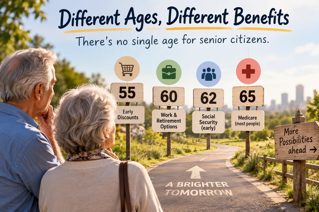 A visual guide showing how age for senior citizens can differ across important milestones such as 55, 60, 62, and 65 in the USA.
