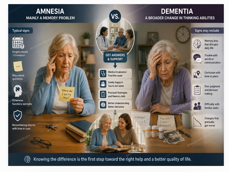 A visual comparison of amnesia and dementia, showing memory problems and relatively preserved abilities on the amnesia side, broader changes in communication, judgment, reasoning, and daily functioning on the dementia side, with medical evaluation and family support shown in the center.