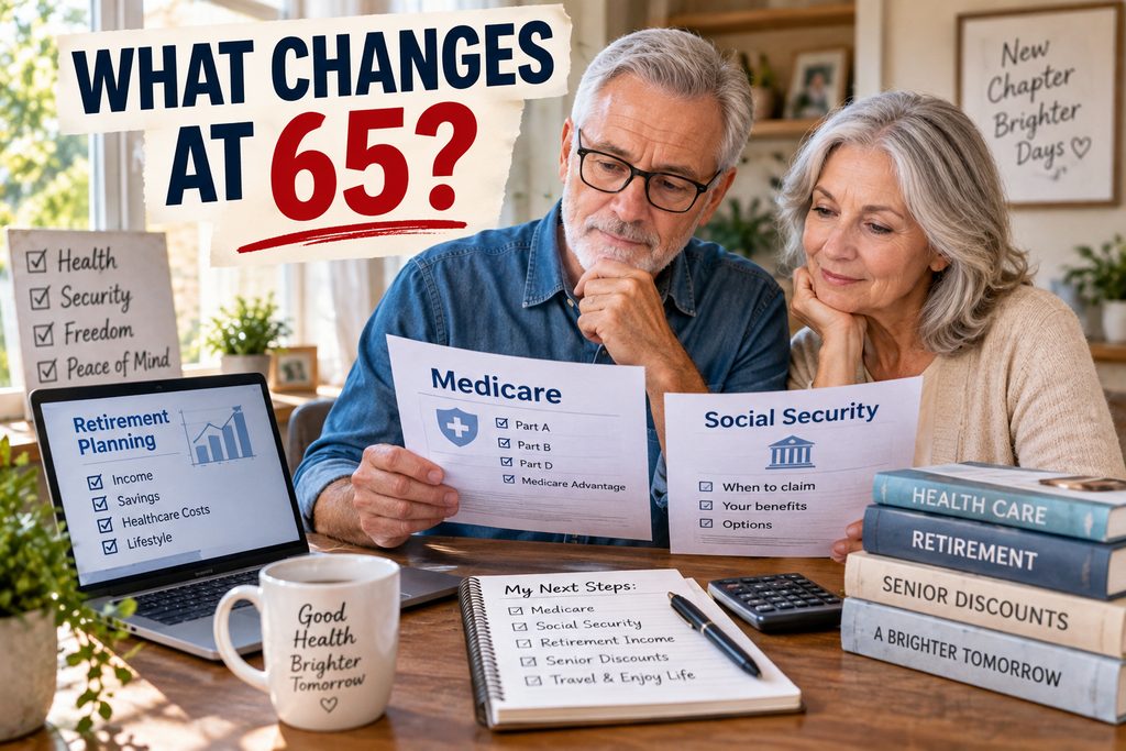 At what age do you become a senior citizen? This image shows an older couple reviewing Medicare, Social Security, and retirement decisions around age 65.