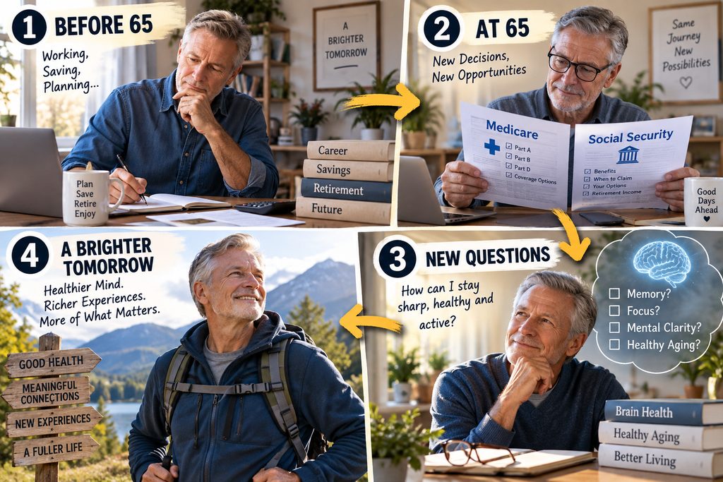 At what age do you become a senior citizen? This visual follows the journey from preparing for 65 to new questions about brain health, focus, and healthy aging.