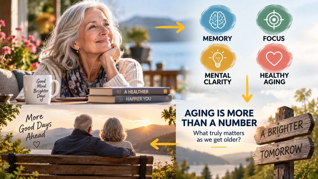 At what age does one become a senior citizen? This image highlights how aging involves more than age, with a focus on memory, mental clarity, focus, and healthy aging.