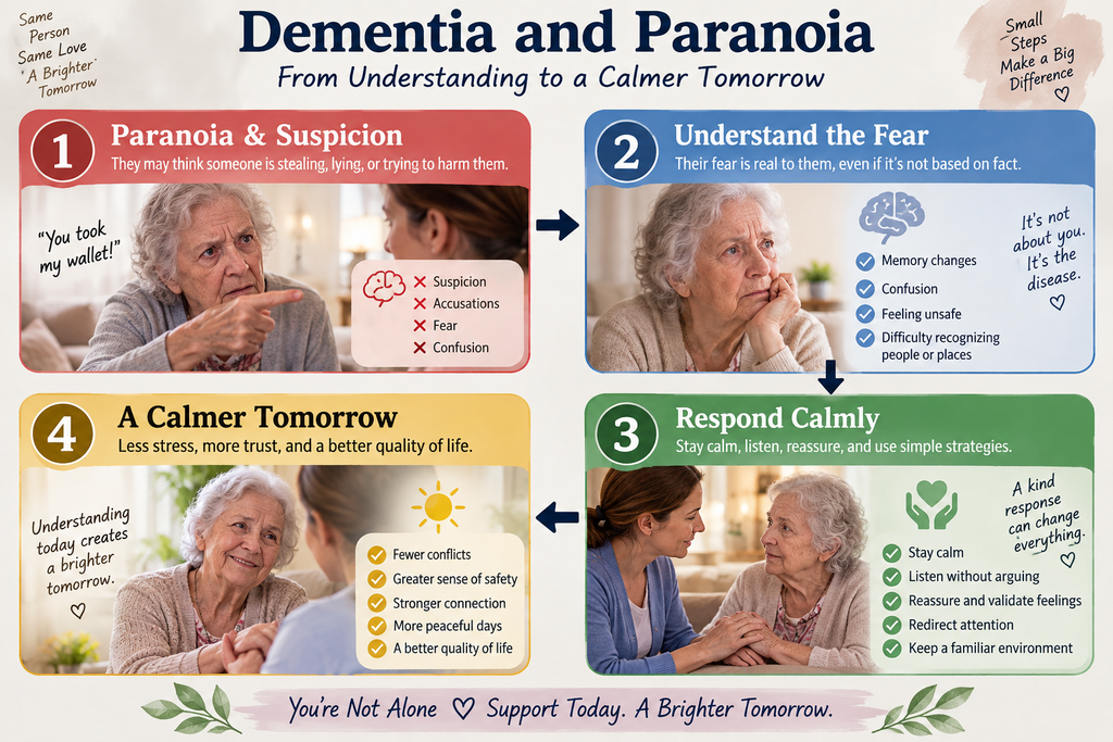 A clear, warm infographic titled “Dementia and Paranoia” presents a simple four-step caregiver journey. The visual follows the exact flow ① → ② ↓ ③ → ④: Paranoia & Suspicion → Understand the Fear → Respond Calmly → A Calmer Tomorrow.Step ① shows the problem: suspicion, accusations, fear, and confusion. Step ② reveals the key insight: memory changes and confusion can make the person feel genuinely unsafe. Step ③ presents the practical solution: stay calm, listen, reassure, redirect attention, and maintain a familiar environment. Step ④ shows the positive outcome: fewer conflicts, greater safety, stronger connection, and more peaceful days.The overall design should feel supportive, trustworthy, and hopeful, showing that understanding dementia and paranoia can lead to a calmer and more compassionate caregiving experience.