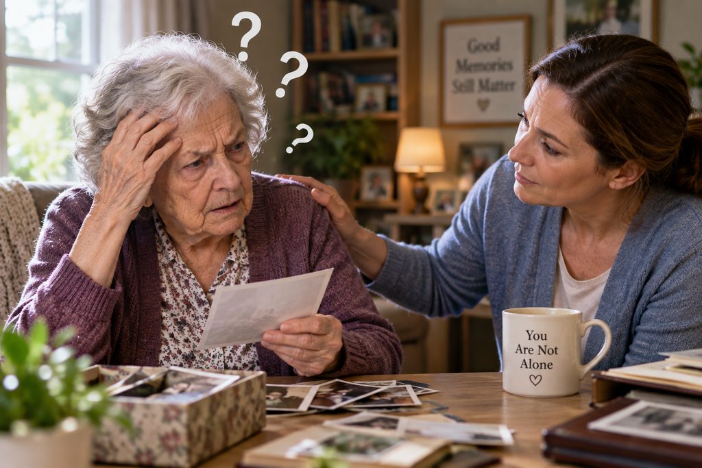 A realistic, emotionally warm scene shows an elderly woman sitting at a kitchen table, looking confused and worried as she struggles to remember where she placed a familiar item. Family photographs, keys, papers, and everyday belongings are scattered around her, suggesting memory loss and confusion. A compassionate caregiver sits beside her, gently listening and offering reassurance rather than correcting or arguing. The contrast between the woman’s uncertainty and the caregiver’s calm response creates a subtle sense of dementia and paranoia, while showing that understanding the fear behind the confusion can be the first step toward a calmer moment.