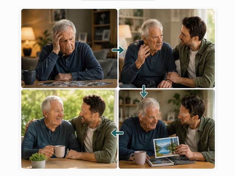 A caregiver gently supporting an older man with dementia from distress toward a calmer moment
