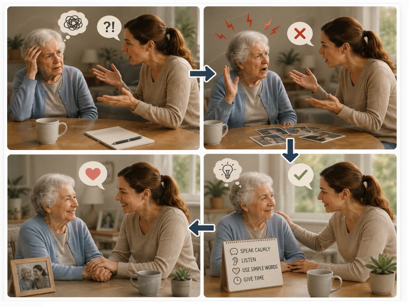A four-panel journey showing dementia communication changing from confusion and frustration to support and connection