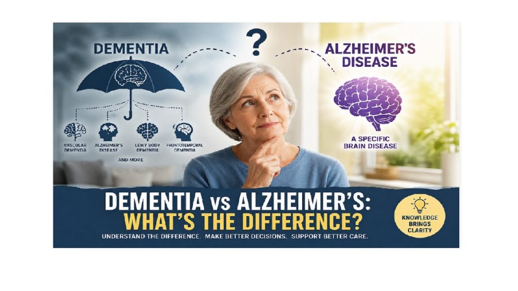Dementia difference between Alzheimer's showing dementia as a broad term and Alzheimer's as a specific brain disease