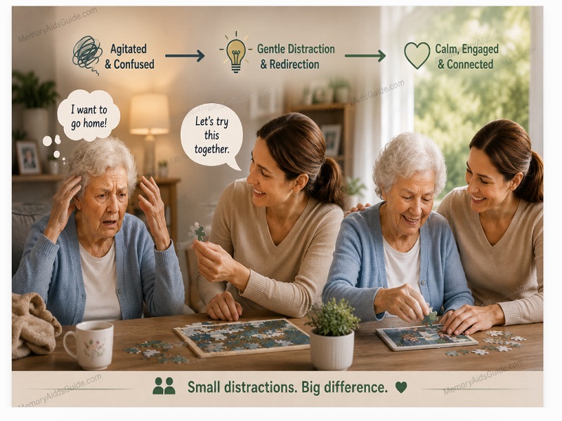 Caregiver using gentle distraction and redirection to help a person with dementia calm down