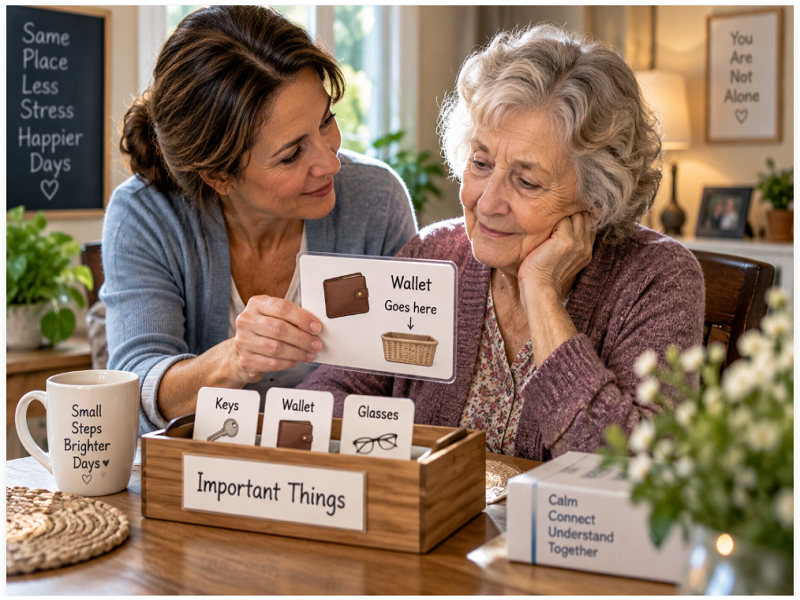 A realistic caregiving scene showing dementia & paranoia as a caregiver calmly helps an older woman organize important belongings and remember where her wallet belongs. The supportive interaction demonstrates a practical way to reduce confusion, build reassurance, and create a calmer environment for someone experiencing dementia & paranoia.