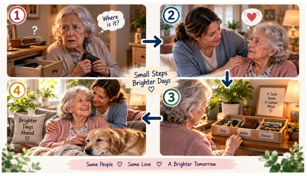 A visual story showing dementia & paranoia moving from confusion and worry toward calm support, a safer routine, and brighter days. The four connected scenes illustrate how understanding, reassurance, and simple organization can help create a calmer and more supportive environment.