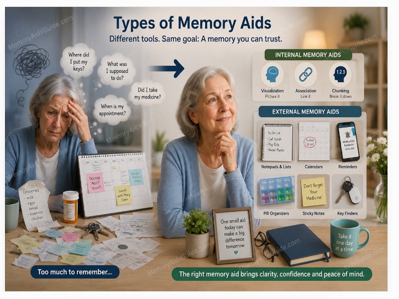 External memory aids including a calendar, written checklist, smartphone reminder, and labeled items