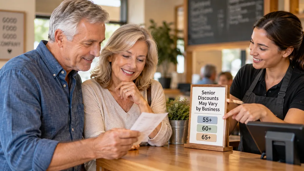 How old do you have to be senior citizen for discounts? This image shows how senior discount ages can vary between 55, 60, and 65.