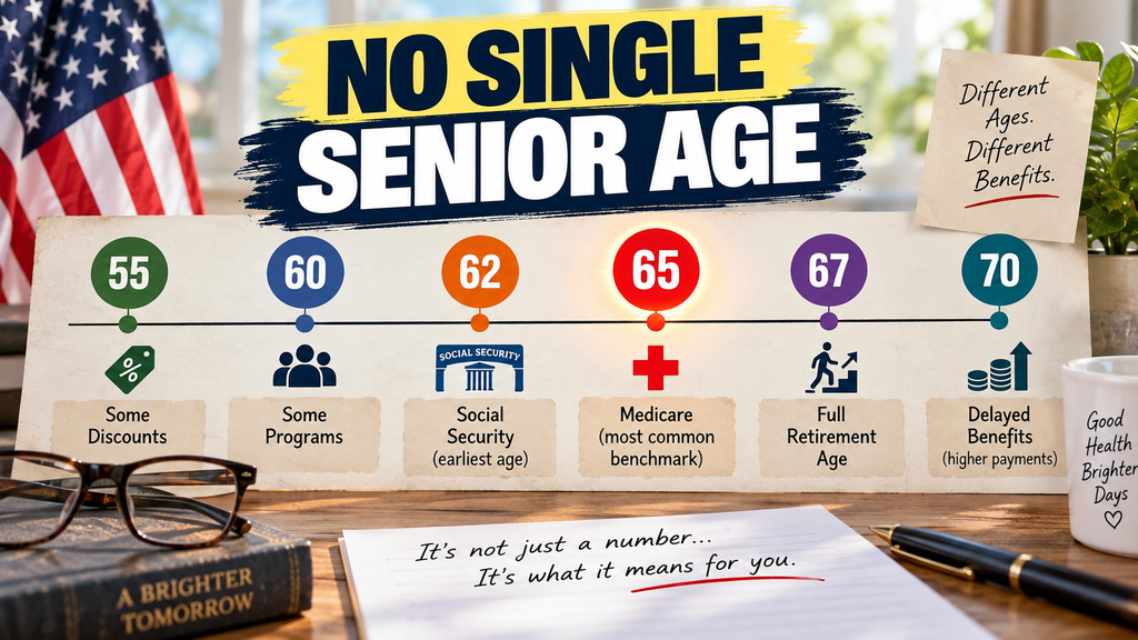 How old is considered senior citizen age guide showing how ages 55, 60, 62, 65, 67 and 70 relate to discounts, Social Security, Medicare and retirement benefits.