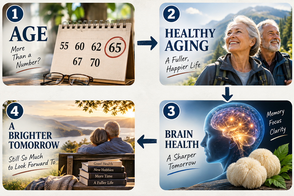 How old is considered senior citizen visual showing age milestones, healthy aging, brain health, memory, focus and mental clarity.