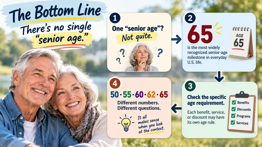 How old to be considered a senior citizen depends on the context. Different benefits, services, and discounts may use different age requirements.
