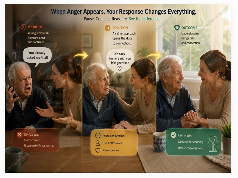 A caregiver using a calm approach to support an angry person with dementia