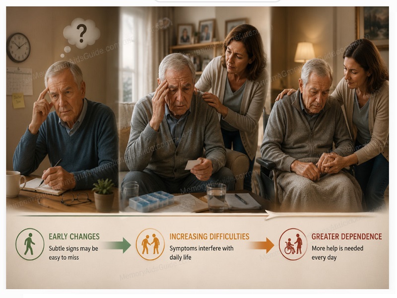 Three stages of Lewy body dementia progression showing subtle early changes, increasing difficulties with daily life, and greater dependence on caregiver support.