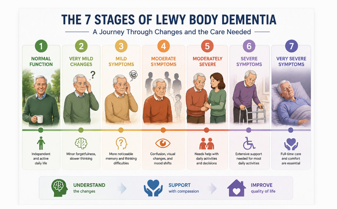 Lewy body dementia progression from early changes to increasing care needs