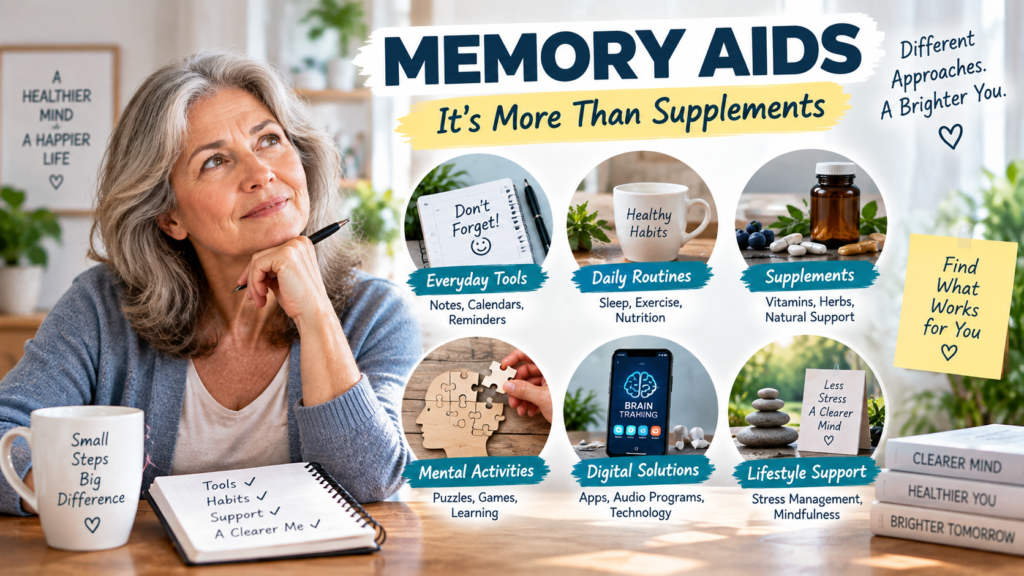 Memory aids include different approaches such as daily tools, routines, mental activities and digital solutions