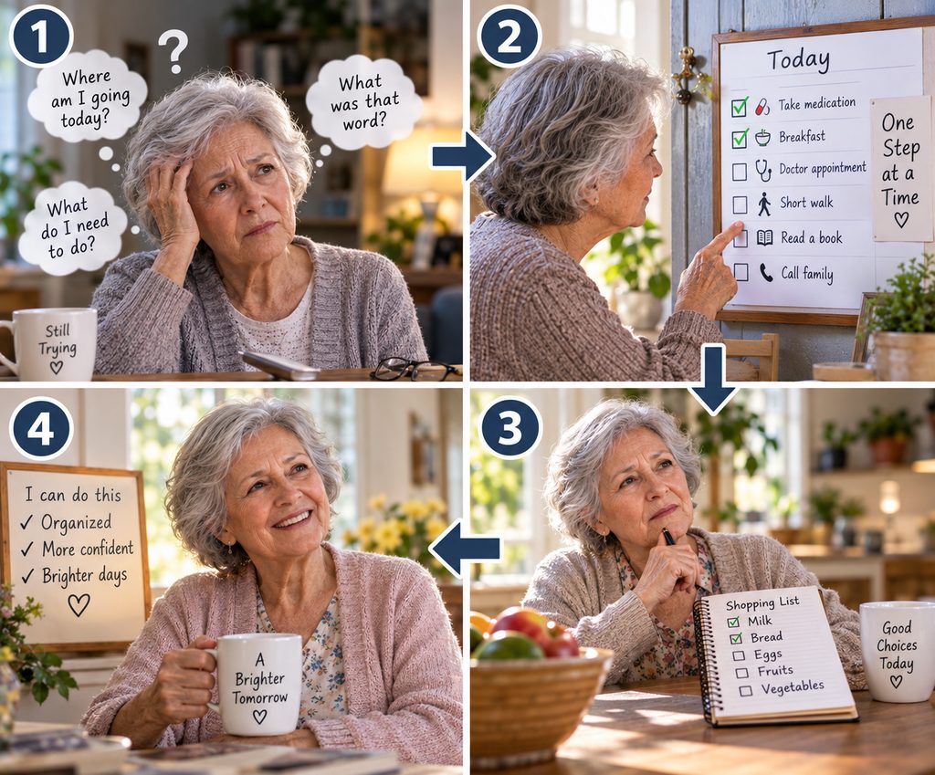 A four-step visual shows how memory aids for dementia can turn everyday confusion into a more organized routine, using calendars, checklists, and simple reminders to support greater confidence and independence.