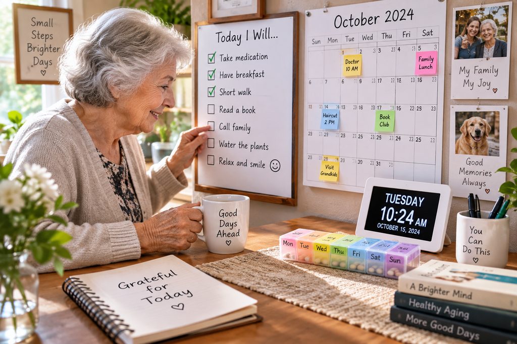 An older woman uses practical memory aids for dementia, including a daily checklist, calendar, reminder clock, medication organizer, and family photos, showing how simple visual cues can make everyday routines easier, more organized, and less stressful.