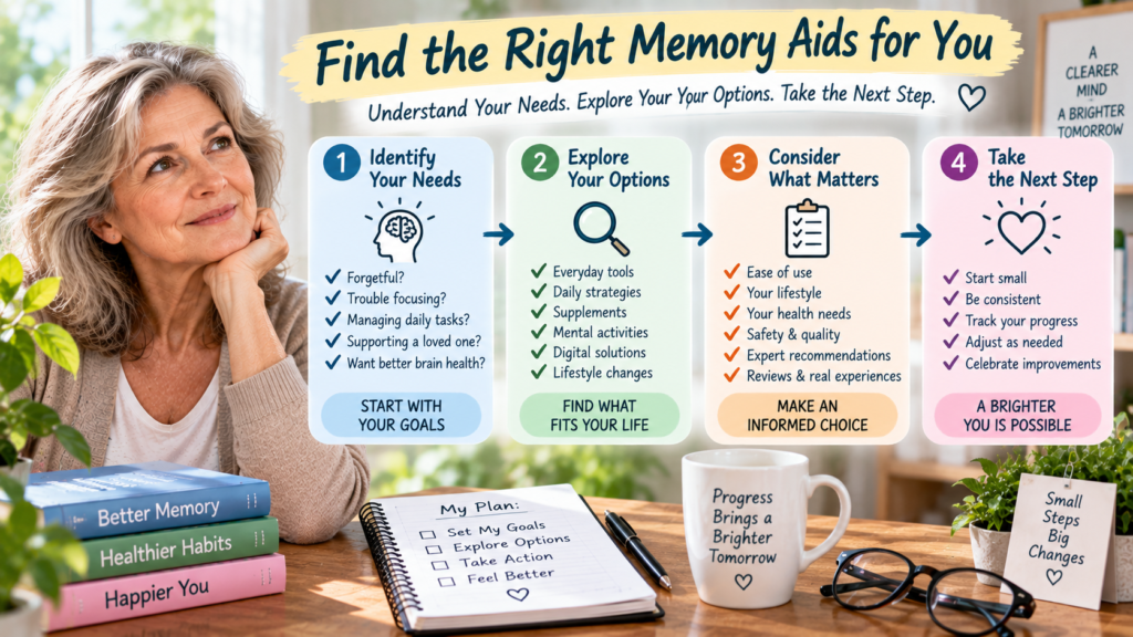 Memory aids decision guide showing how to identify needs, explore options and choose an approach