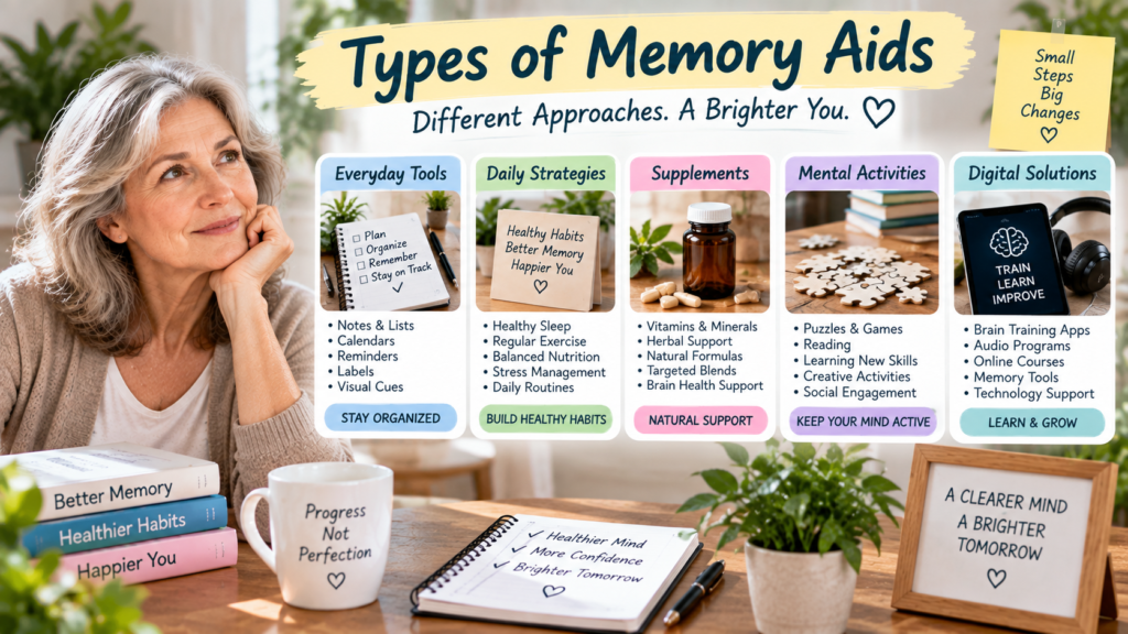 Types of memory aids including everyday tools, daily strategies, supplements, mental activities and digital solutions