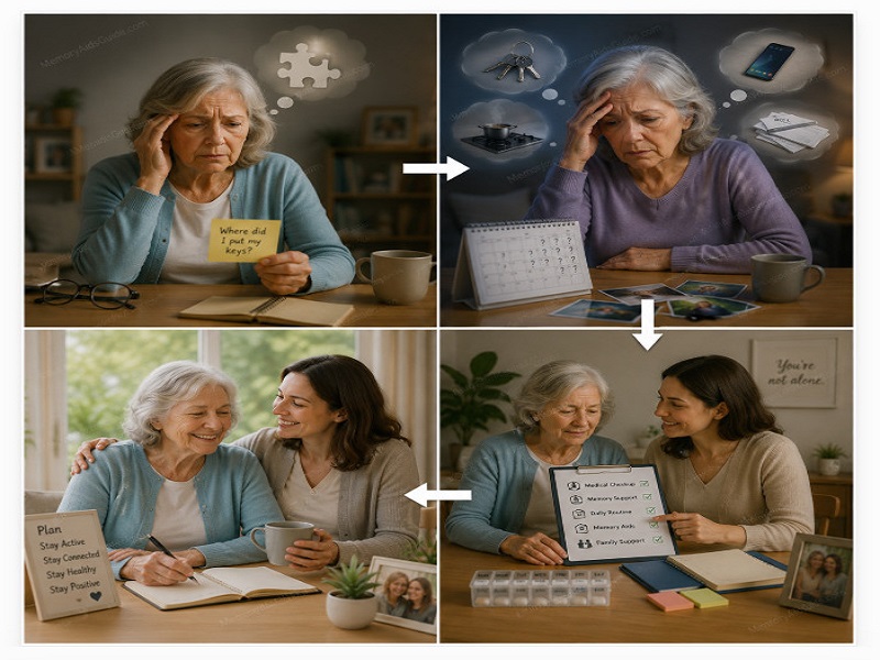 A four-panel visual story showing an older woman experiencing memory difficulties, becoming more concerned as problems increase, receiving practical support from a caregiver, and moving toward a more positive and supported daily life.
