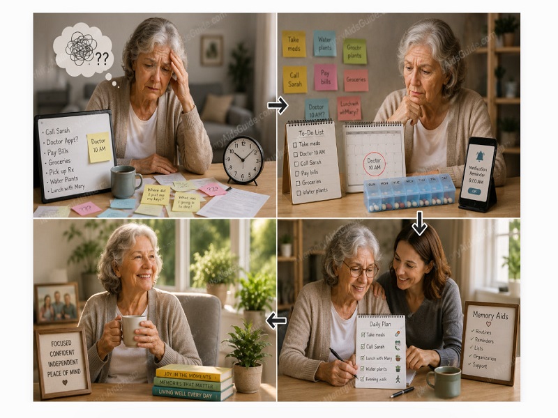 Older adult using memory support tools to become more organized, confident, and independent