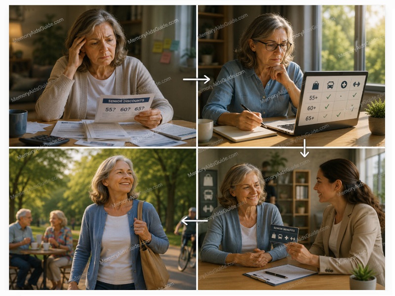 A four-scene visual journey showing an older woman moving from uncertainty about senior discounts and age requirements to understanding her options, receiving helpful guidance, and enjoying a more confident and active life.