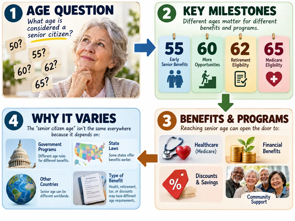 A happy senior couple enjoying active aging, surrounded by visual reminders of health, financial benefits, discounts, social connection, and a brighter tomorrow.