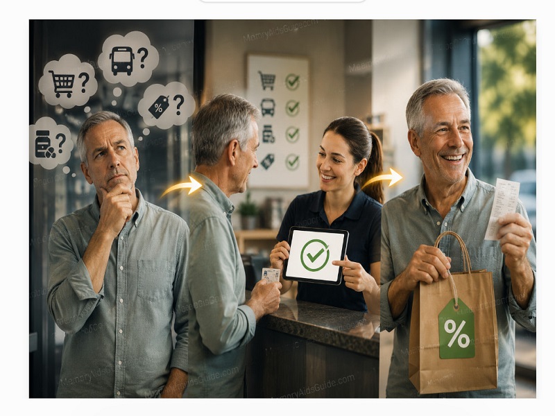 A mature man checks whether his age qualifies for senior citizen discounts before receiving confirmation and enjoying savings.