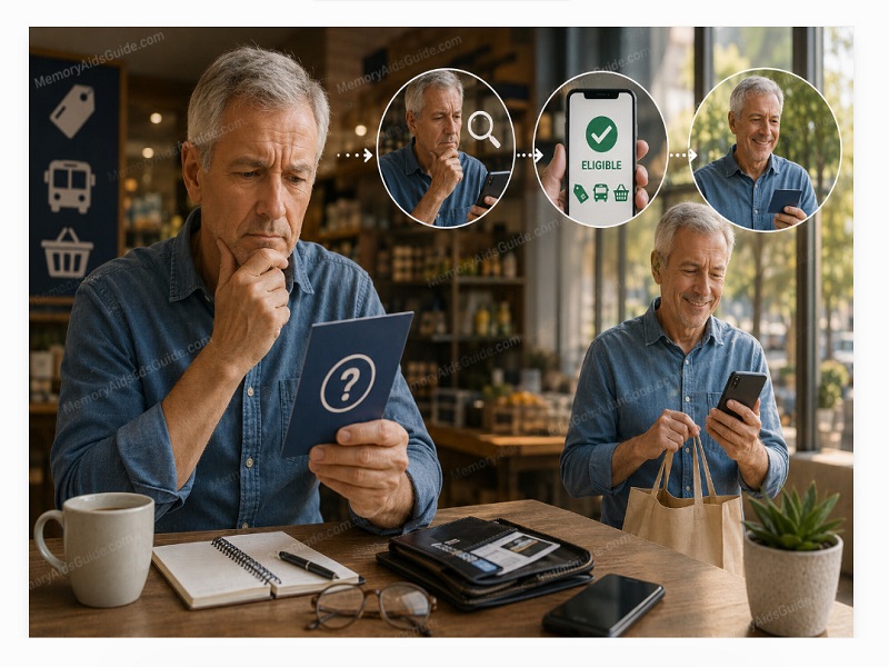 An older man checks senior discount eligibility while comparing age requirements, using a tablet to understand whether he qualifies before making a purchase.