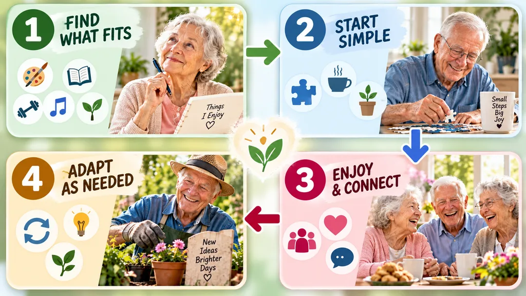 A four-step guide showing how to choose senior living activities based on interests, abilities, comfort, connection, and changing needs.