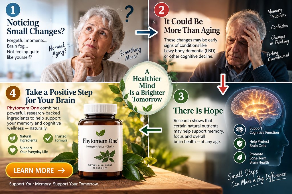 A cinematic health infographic showing stages of lbd as a journey from noticing small memory changes to understanding brain health and exploring supportive options. The visual moves through four connected moments: curiosity about everyday forgetfulness, concern about whether changes may be more than normal aging, a surprising insight about cognitive and brain health, and a final step toward learning about memory support. Older adults, a glowing brain, warm natural elements, and a calm supportive atmosphere create an emotional transition from uncertainty to understanding and action.