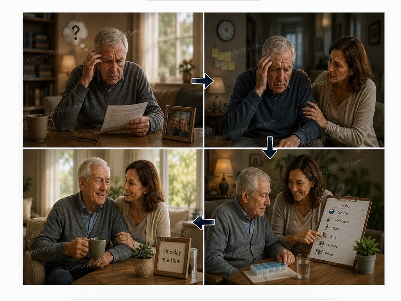 A visual progression of stages of Lewy body dementia, showing memory difficulties becoming more noticeable, followed by caregiver support, daily routines, and a calmer shared moment.