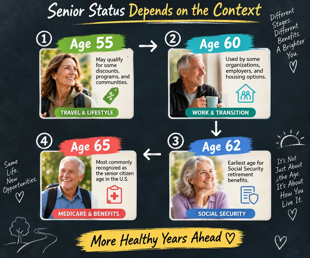 What age a senior citizen? This infographic shows key age milestones from 55 to 70 and why different ages may matter in the U.S.