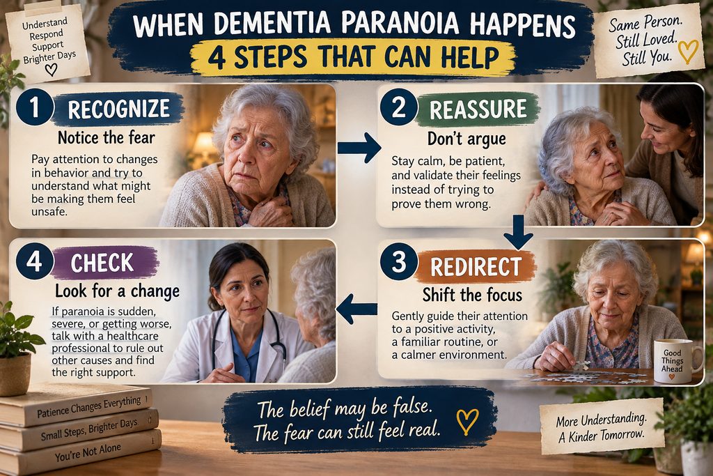 This infographic explains four practical steps for responding when paranoia occurs in dementia: recognize the fear, reassure without arguing, gently redirect attention, and check for sudden or worsening changes. Understanding these steps can help caregivers move from confusion and conflict toward a calmer, more supportive response.