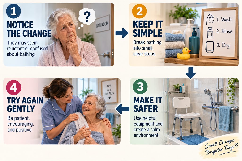 What stage of dementia is not bathing cannot be determined by bathing difficulties alone. This four-step infographic shows practical ways caregivers can make bathing safer, calmer, and easier.