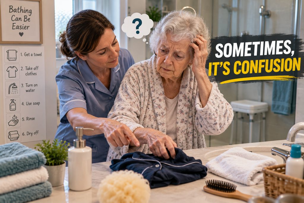 What stage of dementia is not bathing can be difficult to identify from bathing behavior alone. This image shows how confusion with familiar bathing steps may affect personal care.