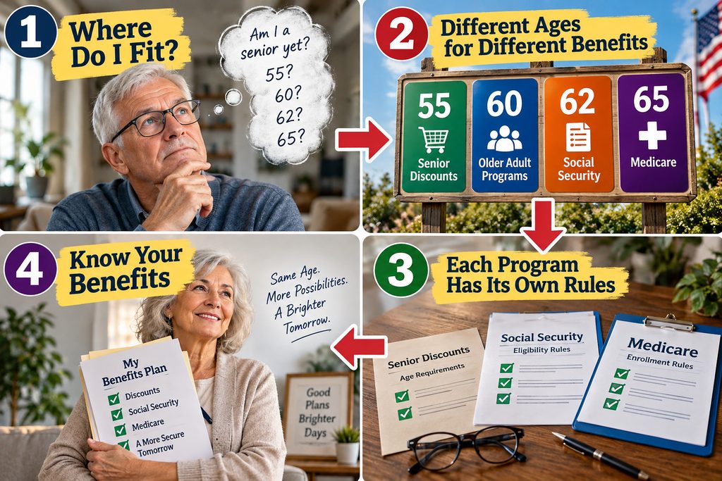 When are you a senior citizen? This four-step visual guide helps readers compare senior ages, check benefit rules, and understand which programs may apply to them.